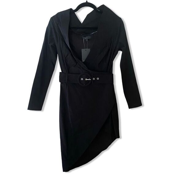 Michael Costello x Revolve Marci Dress black stretch mini off shoulder belted S - Picture 5 of 9